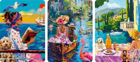 Drei farbenfrohe Illustrationen mit Menschen, Hunden und Natur in entspannter, sommerlicher Umgebung.