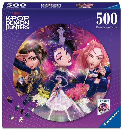 Text: "Netflix KPOP DEMON HUNTERS", "500 Ravensburger Puzzle". Illustration von stilisierten Figuren in kräftigen Farben.