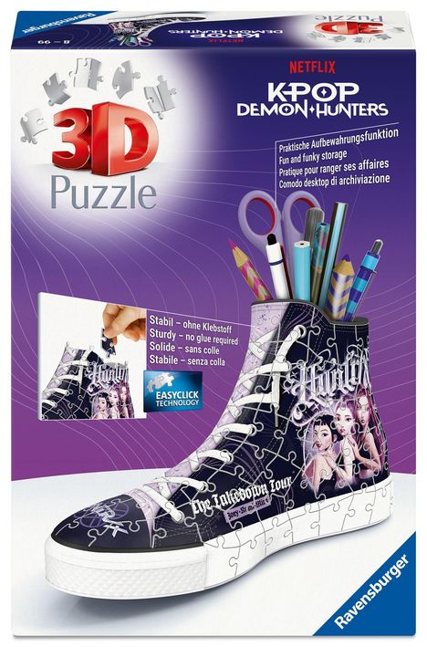 "Netflix KPOP DEMON HUNTERS. Praktische Aufbewahrungsfunktion. 3D Puzzle. Stabil – ohne Klebstoff. EASYCLICK TECHNOLOGY."