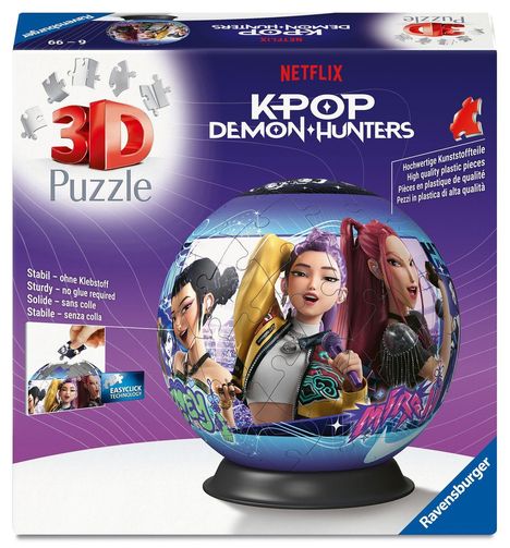 Der Text auf der Verpackung lautet: „Netflix KPOP Demon Hunters, 3D Puzzle, Stabil - ohne Klebstoff." Es ist eine Puzzle-Verpackung mit buntem Design.