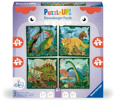 Puzzle UP! Dinosaurier von Ravensburger, 12004003 - 4 Puzzles mit 25, 36, 42, 56 Teilen zum Kombinieren und mit extra Wissensheft, für Dino-Fans im Alter von 4 Jahren, Diverse