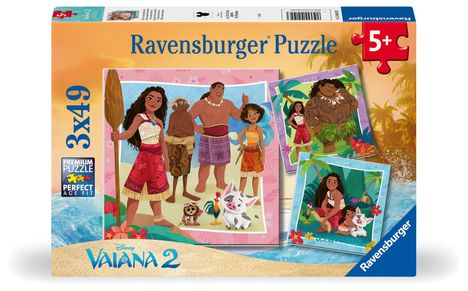 Ravensburger Kinderpuzzle 12004102 - Vaiana 2 Auf zu neuen Abenteuern - Puzzle für Kinder ab 5 Jahren, 3x 49 Teile, Diverse