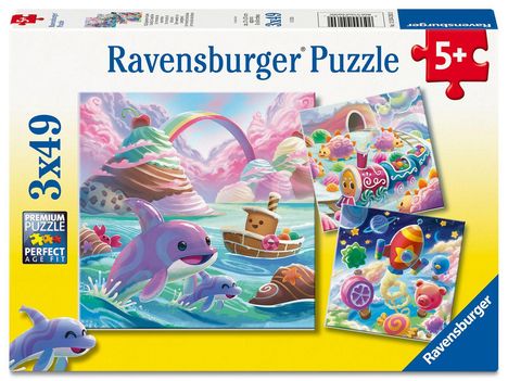 "Ravensburger Puzzle", "3x49", ab 5 Jahren. Illustration: Bunte Szenen mit Delfinen, Süßigkeiten und einem Weltraum-Thema.