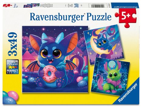 Ravensburger Puzzle 3x49, für 5+ Jahre. Illustration mit bunten, fantasievollen Kreaturen und einem gelben Hintergrund.
