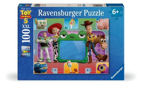 "Toy Story 5", "Ravensburger Puzzle", "6+", "100 XXL". Figuren aus Toy Story, wie Buzz, Woody und Jessie, sind abgebildet.