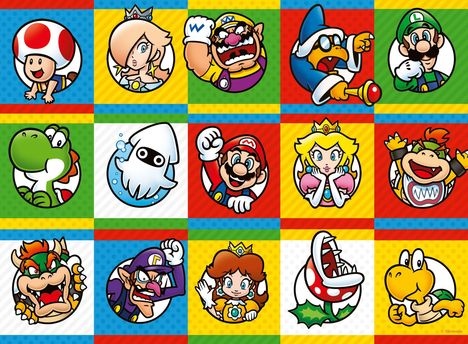 Illustration mit 15 Comic-Charakteren in bunten Quadraten: ein Pilz, Prinzessin, Krieger, Dinosaurier und weitere.