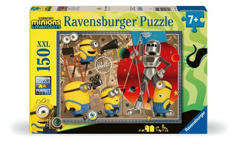 Ravensburger Puzzle 150 XXL Teile, 7+. Illustration mit Minions in Filmstudio-Szene mit Roboter und Kamera.