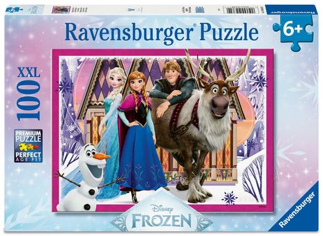 "Ravensburger Puzzle", "XXL 100", "6+", "Disney Frozen". Eine Illustration mit Charakteren aus "Frozen" vor einem Schloss.