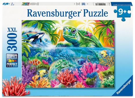 „Ravensburger Puzzle“, „300 XXL“. Illustration: Bunte Unterwasserwelt mit Schildkröten, Fischen und Korallen.