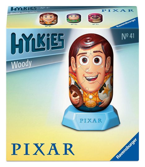 Nummer 41, HYLKIES, Woody. "Build. Love. Collect." Illustration einer Figur mit braunen Haaren und Cowboy-Kleidung.