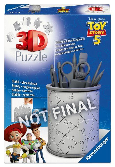„3D Puzzle“, „Toy Story 5“, „Praktische Aufbewahrungsfunktion“, bunte Figuren unten links, Puzzle als Stiftehalter.