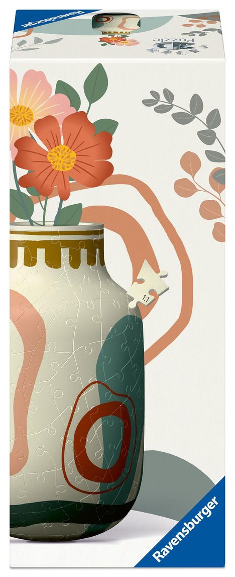 "3D Puzzle" und "Ravensburger" sind sichtbar. Eine Illustration zeigt farbige Blumen und eine Vase mit Puzzle-Optik.