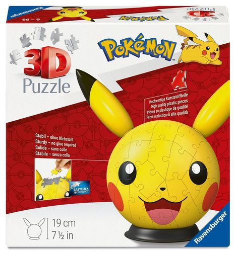 „3D Puzzle“, „Pokémon“. Ein gelbes, kugelförmiges Puzzle als Pikachu-Kopf mit großen Ohren und fröhlichem Gesicht.