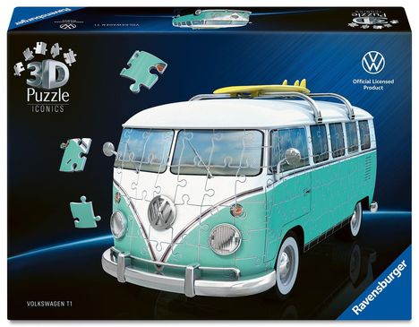 3D Puzzle Iconics, Volkswagen T1. Illustration eines Kombis als Puzzle, grünes und weißes Design mit Surfbrett.