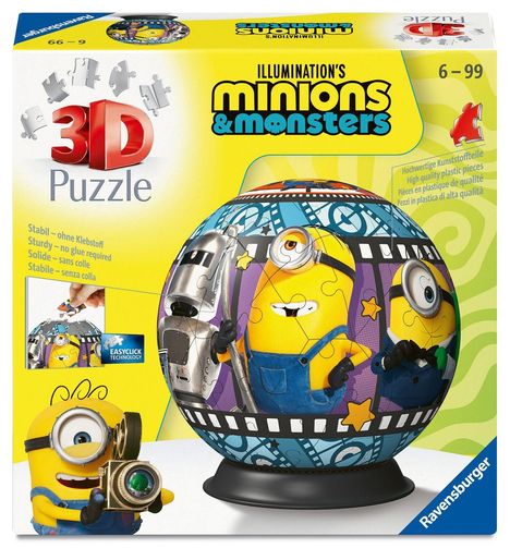 "3D Puzzle", "Minions & Monsters", für Altersgruppe 6-99, zeigt Minions in Filmstreifen-Design und hat einen gelben Hintergrund.