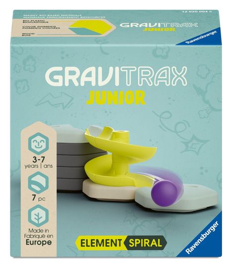 „GRAVITRAX JUNIOR“, „3-7 years“, „7 pc“, „Made in Europe“. Zeigt eine gelbe Spirale mit lila Kugel, Logo „Ravensburger“.
