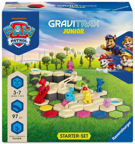 "GraviTrax Junior", "Starter-Set", "97 pc", "3-7 years". Ein grüner Hügel mit "PAW Patrol" Figuren und Murmelbahn.