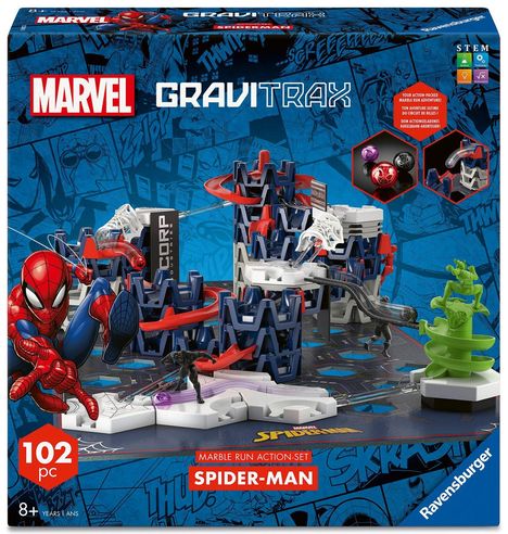 "Marvel GraviTrax Spider-Man", 102 Teile, Action-Set mit Spider-Man-Thema, zeigt eine komplexe Murmelbahn und Comicszenen.