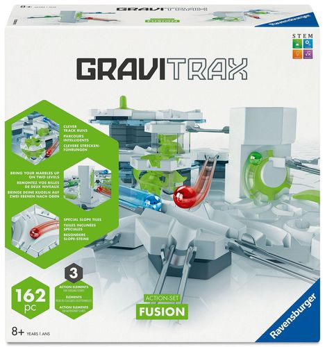 „GRAVITRAX“, „162 pc“, „Fusion“, „Clever Track Runs“, „Bringe deine Kugeln auf zwei Ebenen nach oben“, bunte Kugelbahn.