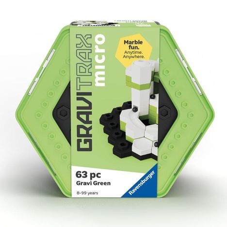 "Gravitrax micro, 63 pc, Gravi Green, 8-99 years. Marble fun. Anytime. Anywhere." Sechseckige, grüne Verpackung.