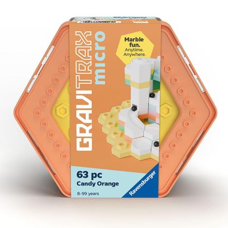 "GRAVITRAX micro", "Marble fun. Anytime. Anywhere", "63 pc Candy Orange", "8-99 years", "Ravensburger". Hexagonale Verpackung.
