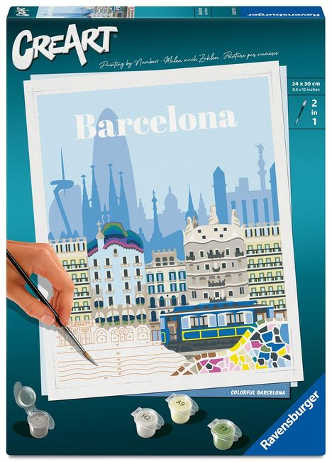 „Barcelona“ steht groß über einer Skyline, Hand malt farbenfrohe Gebäude. Unten links Farbtöpfe, rechts „Ravensburger“.