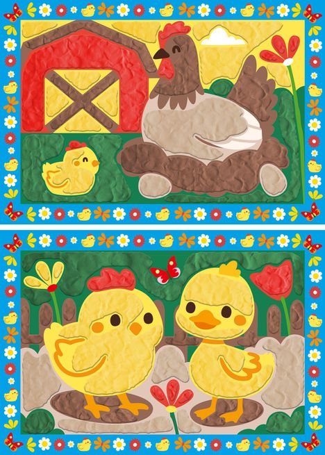 Zwei Szenen aus Knete: Oben Huhn mit Küken vor einem Stall. Unten zwei Küken im Garten mit Blumen und Schmetterling.