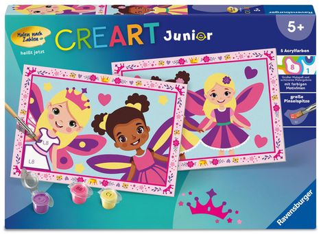 „Malen nach Zahlen“, „CREART Junior“, „5+“, „große Pinselfspitze“. Bunte Illustrationen von zwei feenhaften Mädchen mit Flügeln.