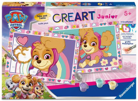 CREART Junior 5+ Malen nach Zahlen. Ein fröhlicher Cartoon-Hund in pinker Kleidung mit Blumen und Herzsymbolen.