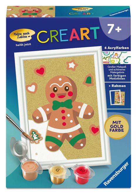 "CREART 7+, 6 Acrylfarben, MIT GOLD FARBE." Ein Malset mit Lebkuchenmann auf goldenem Hintergrund.