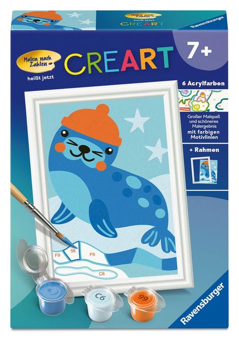 "CREART", "7+", "6 Acrylfarben", "Großer Malspaß und schöneres Malergebnis mit farbigen Motivlinien", 
Illustration: Blaue Robbe mit Mütze.