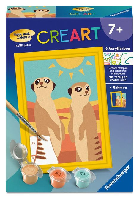 Text: "Malen nach Zahlen. CREART. 7+." Zwei Erdmännchen stehen mit Sonnenhintergrund in einer Malen-nach-Zahlen-Vorlage.