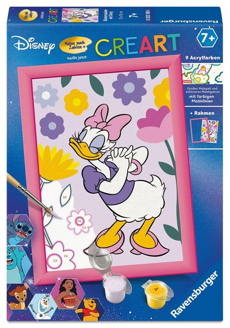 Text: Disney, Malen nach Zahlen, CreaArt, 7+. Illustration: Daisy Duck mit bunten Blumen. Malset mit Rahmen und Farben.