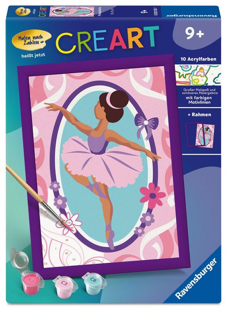 Texts: CREART, 9+, 10 Acrylfarben, + Rahmen. Illustration eines Balletttänzers mit rosa Tutu und Blumen.