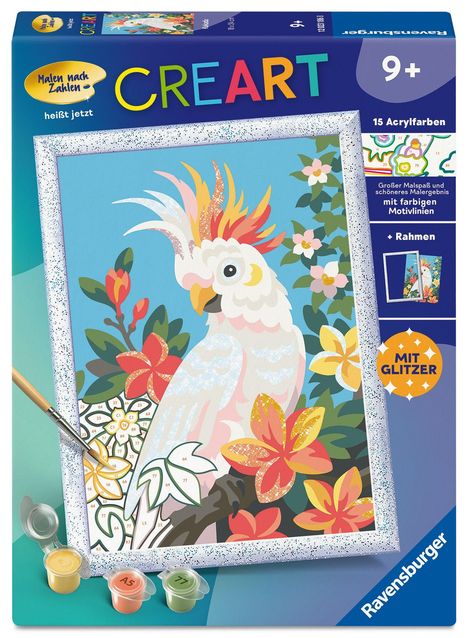 Text beschreibt ein Malset mit farbigem Papageienbild. Es gibt Acrylfarben, Glitzer, Rahmen und ist für Kinder ab 9 Jahren geeignet.