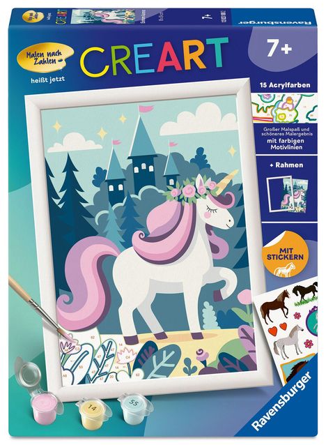 "CREART, 7+, 15 Acrylfarben, MIT STICKERN", Illustration: Ein Einhorn vor einem Schloss, mit Blumenkranz und Regenbogen.