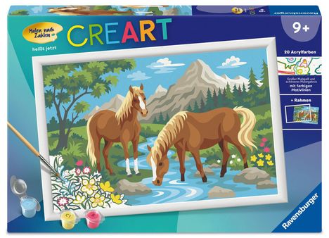 "Malen nach Zahlen", "CREART", "heißt jetzt", "9+", "20 Acrylfarben". Zwei Pferde an einem Bach, Berge im Hintergrund.