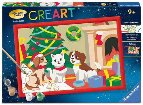 "Malen nach Zahlen", "CREART", "20 Acrylfarben", "9+". Illustration: Zwei Hunde und eine Katze vor Weihnachtsbaum und Kamin.