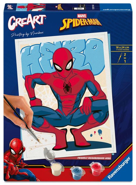 "HERO" in großer Schrift. Spiderman sitzt in seiner klassischen Pose. Farben: Rot, Blau. Malen-nach-Zahlen-Set.