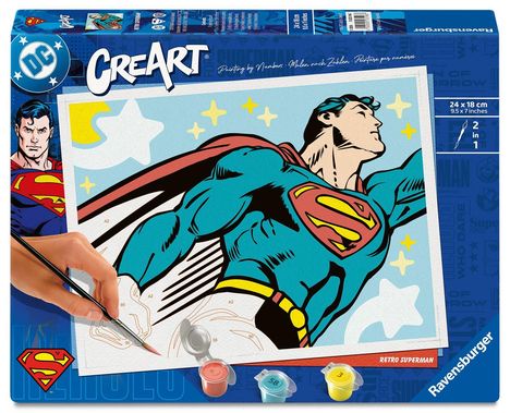 "CreART", "Retro Superman", "Ravensburger". Eine Illustration zeigt Superman in heroischer Pose. Malen nach Zahlen-Set.