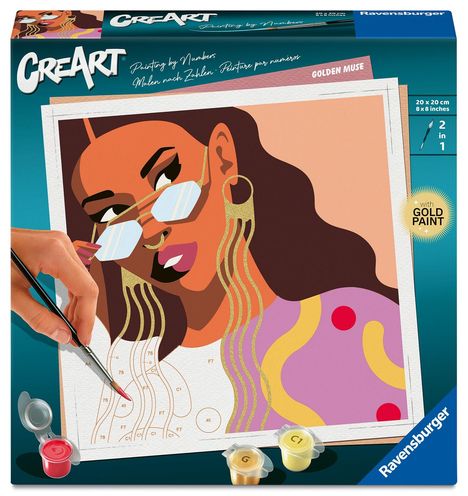 "Golden Muse", 20 x 20 cm, 2 in 1, Malen nach Zahlen. Eine stilisierte Frau mit Sonnenbrille, goldenen Accessoires und Farben.