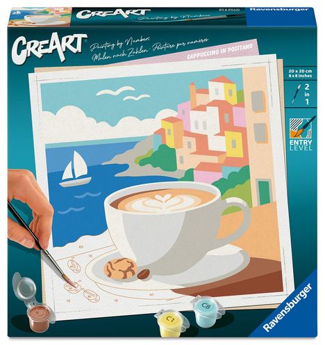 „CreArt“, „Malen nach Zahlen“, „Cappuccino in Positano“. Bild: Kaffee, Segelboot, bunte Häuser, Malset.