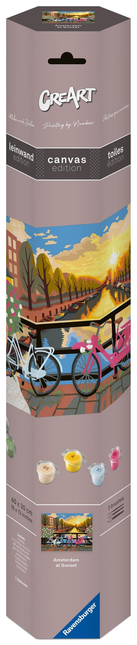 Texte: "CREART", "Amsterdam at Sunset", "leinwand edition", "canvas edition", "toiles edition".  
Illustration einer idyllischen Brücke bei Sonnenuntergang.
