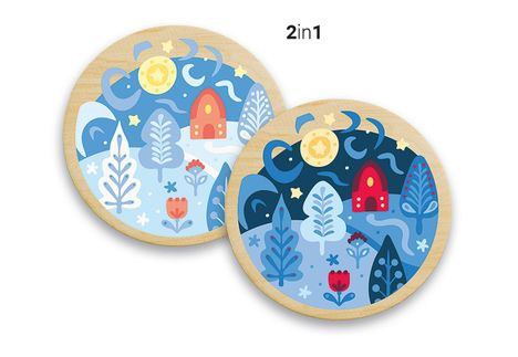 Text "2in1", kreisförmige Illustration: Nacht- und Taglandschaft mit Mond, Sternen, Häusern und stilisierten Bäumen.