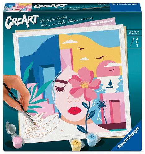 "CREART", "Painting by Numbers", "MalennachZahlen", "Dreaming Woman". Buntes Kunstset mit Frauengesicht und Blume.