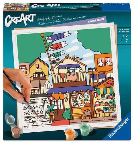 Text auf der Verpackung: "CreArt", "Painting by Numbers", "Kawaii Street". Bunte japanische Straßenillustration mit Figuren.