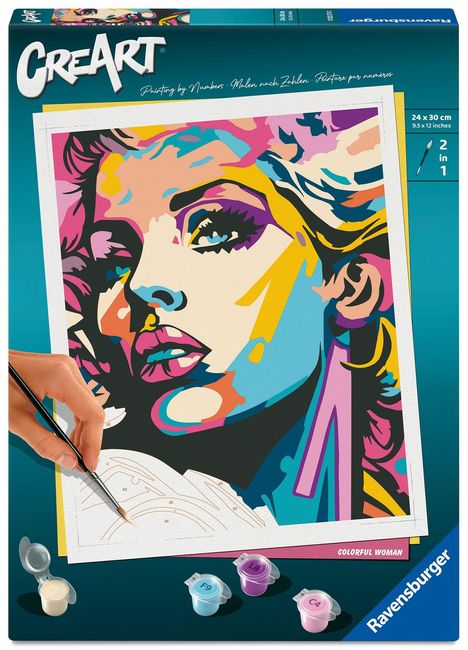 Text: "CREART", "Painting by Numbers", "24 x 30 cm", "2 in 1", "Colorful Woman". Illustration eines farbenfrohen Frauenporträts.