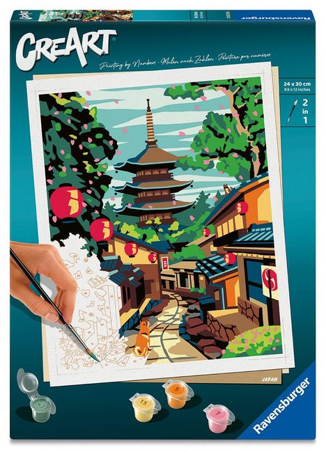 „CreArt“, „Mal nach Zahlen“, „2 in 1“. Illustration: eine Hand malt eine japanische Straße mit Tempel.