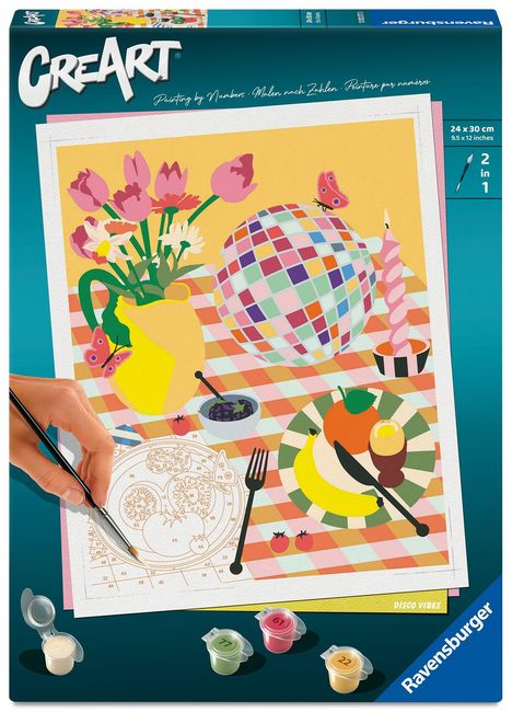 "CREART", "Malen nach Zahlen", 24 x 30 cm. Illustration: Tisch mit Disco-Kugel, Blumen, Obst und Kerze.