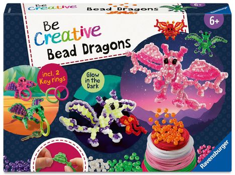 "Be Creative Bead Dragons" zeigt Perlen-Drachen. Text: "incl. 2 key rings", "Glow in the Dark", Alter ab 6+. Enthält farbige Perlen und Ringe.